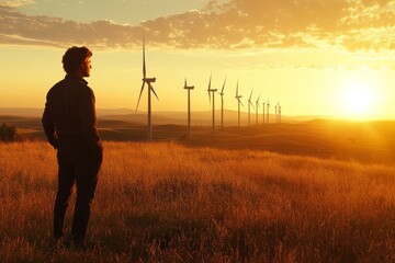 An engineer gazes thoughtfully at wind turbines during a stunning sunset in the countryside, contemplating the future of renewable energy and its impact on the environment