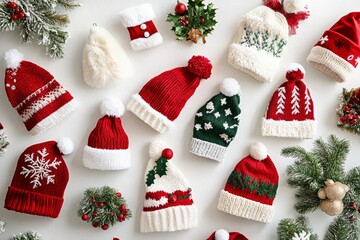 A vibrant assortment of Christmas hats arranged in a festive layout, showcasing various styles and patterns against a neutral backdrop for holiday cheer