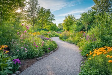 Obraz premium A serene gravel path meanders through a vibrant garden, surrounded by blooming flowers and lush greenery under the warm afternoon sun