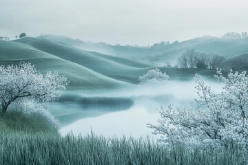 Fototapeta premium Morning fog drapes over rolling hills and a calm lake, where cherry blossoms bloom, creating a peaceful, Japanese-inspired atmosphere