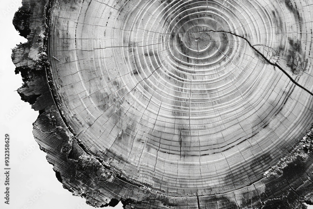 Poster a close-up view of an old tree stump in shades of gray