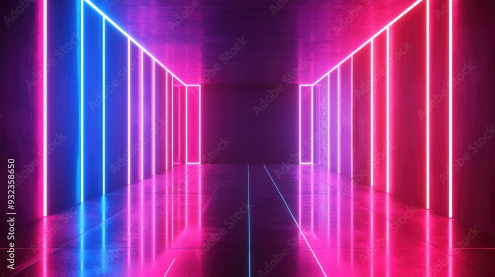Poster 3d abstract technology design featuring glowing neon lights a sleek empty space scene with reflectiv