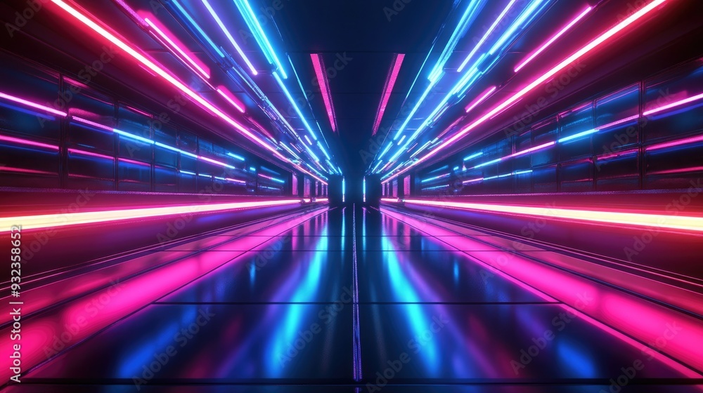 Poster 3d abstract technology design featuring glowing neon lights a sleek empty space scene with reflectiv