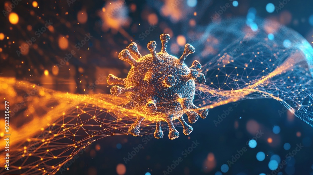Poster 3d background featuring a glowing virus molecule and dynamic lines conceptual illustration related t