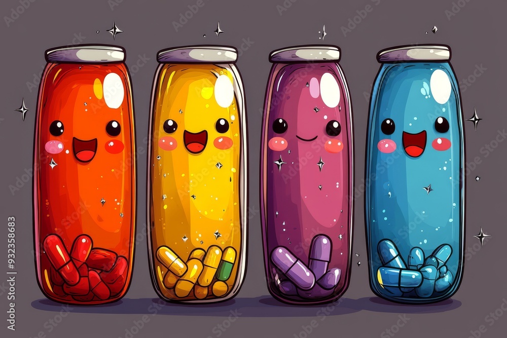 Poster charming and lively illustration of colorful pill bottles with smiling faces set against a dark back