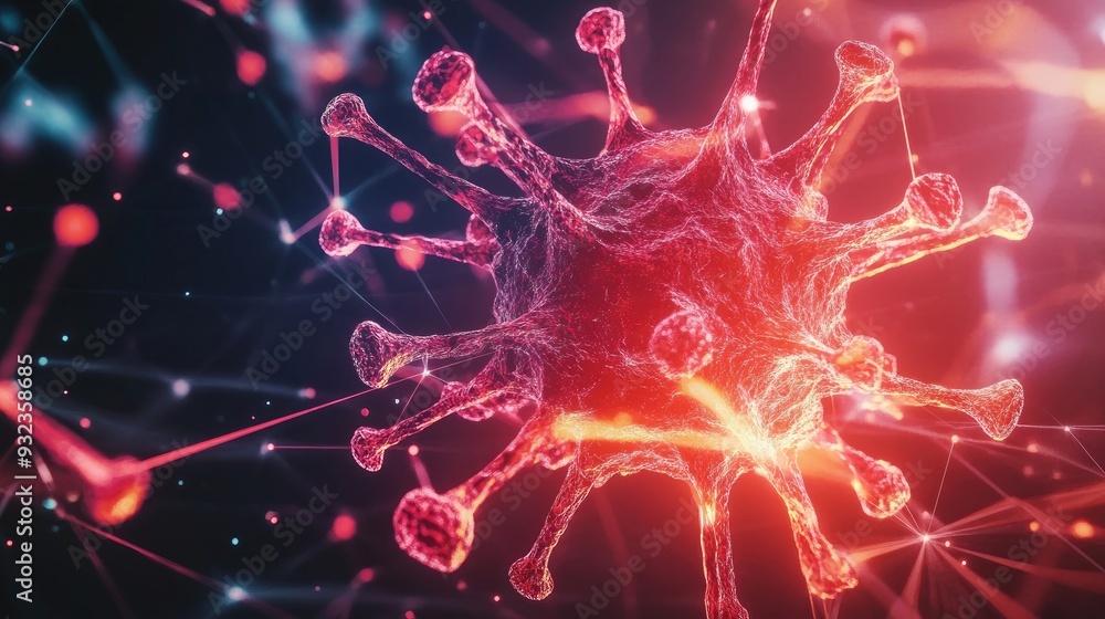 Poster 3d background featuring a glowing virus molecule and dynamic lines conceptual illustration related t