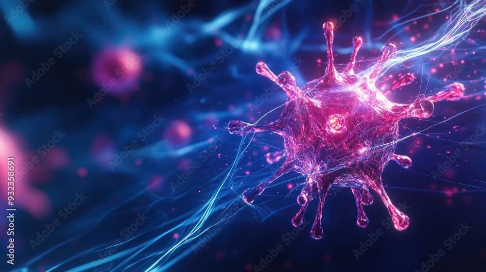 Poster 3d background featuring a glowing virus molecule and dynamic lines conceptual illustration related t