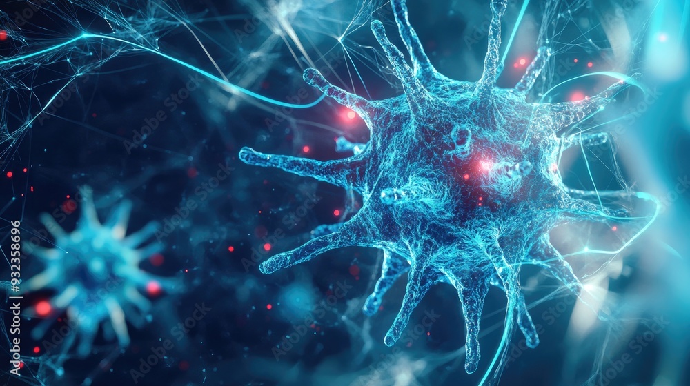 Poster 3d background featuring a glowing virus molecule and dynamic lines conceptual illustration related t