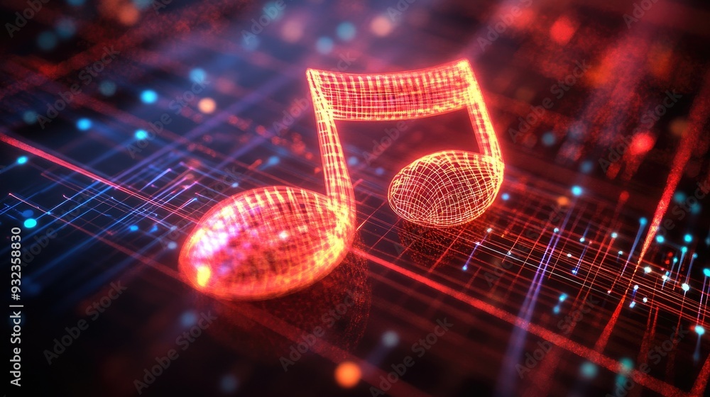 Poster 3d hologram of a music note in wireframe design impressive 3d rendered visual