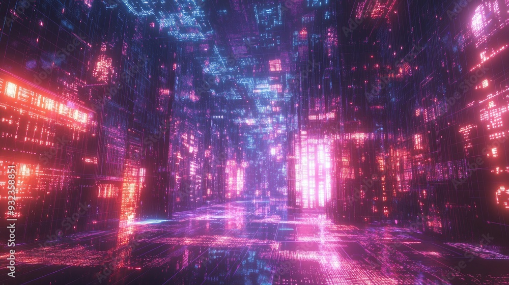 Poster 3d illustration depicting a virtual realm featuring fractal grids and illuminated elements overlaid 