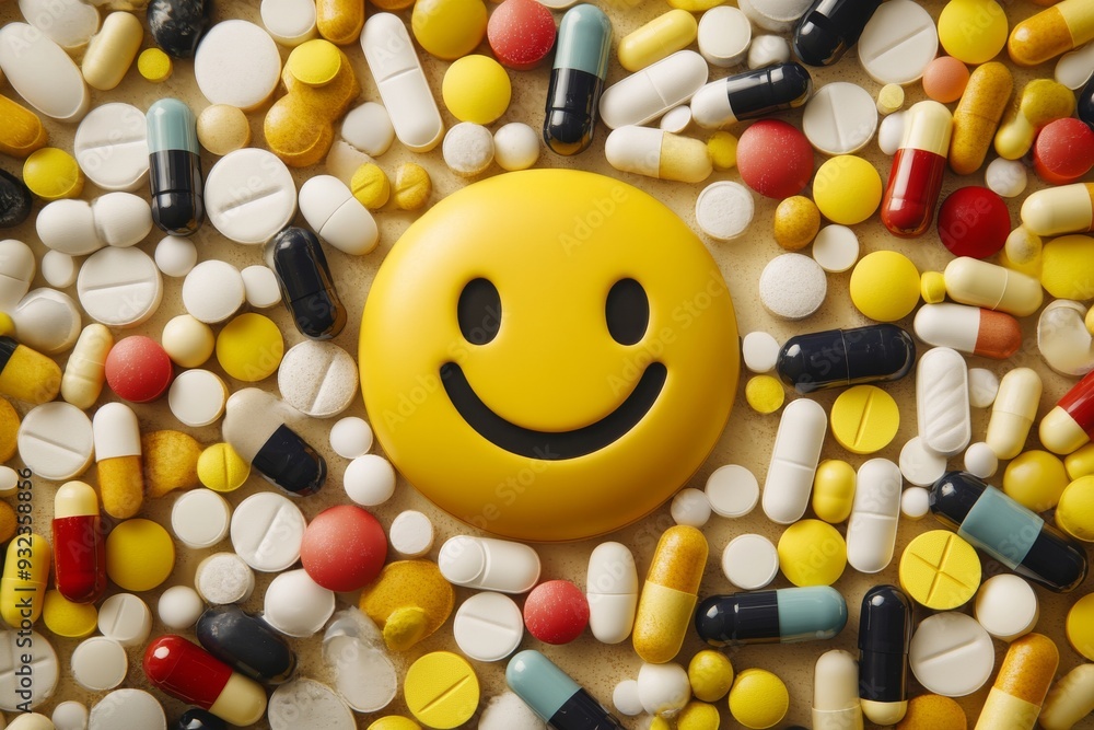 Poster dynamic and vibrant close up of a smiling face surrounded by a sea of colorful pills symbolizing pos