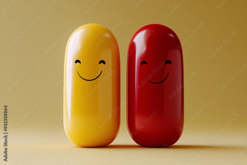 Poster minimalistic and cheerful illustration of two capsule characters standing together set against a neu