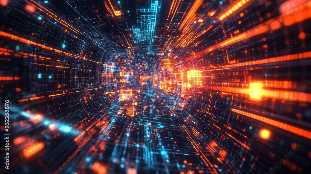 Poster 3d illustration depicting a virtual realm featuring fractal grids and illuminated elements overlaid 