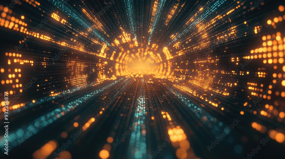 Poster 3d illustration depicting a virtual realm featuring fractal grids and illuminated elements overlaid 