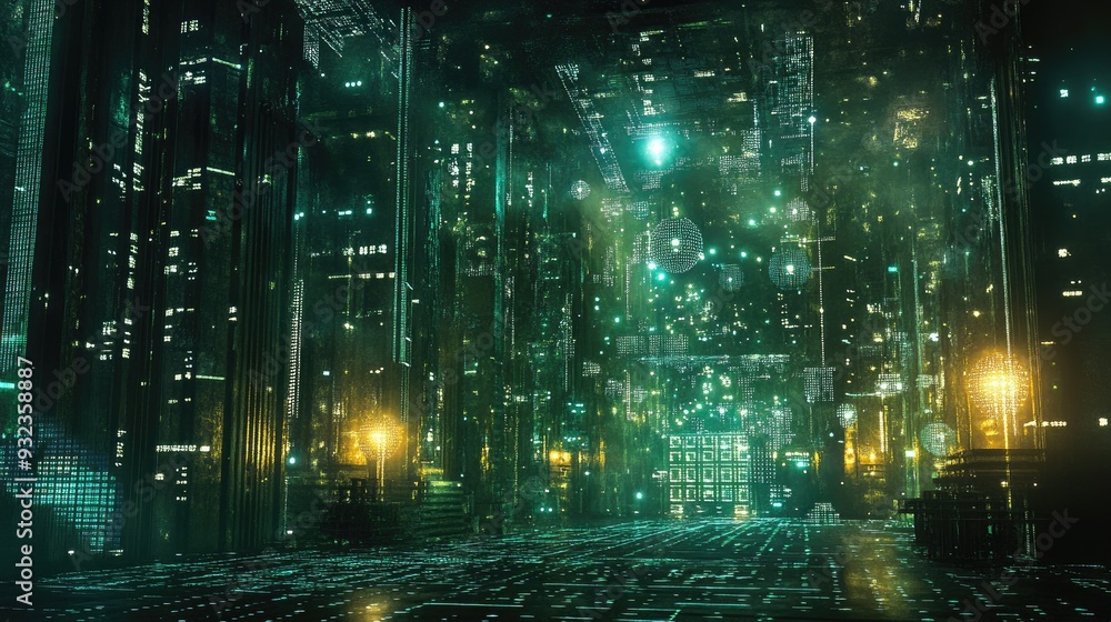 Poster 3d illustration depicting a virtual realm featuring fractal grids and illuminated elements overlaid 
