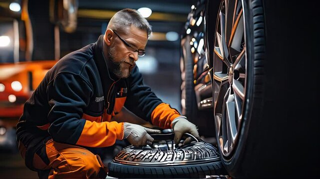 Male auto mechanic locksmith performs work on car repair at a service station workshop