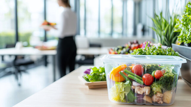 fresh homemade lunch in a tupper at an office, healthy choice