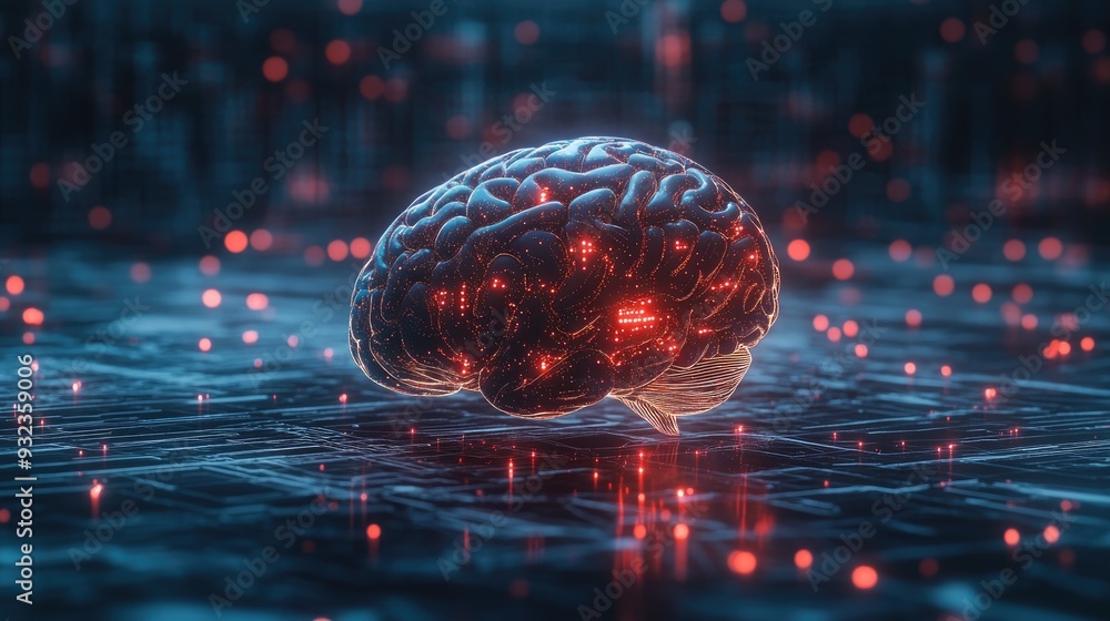 Poster 3d illustration of a brain symbolizing human communication and connection in a virtual environment