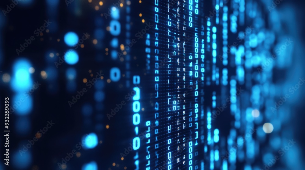 Poster 3d illustration of a dark blue blurred backdrop featuring computer binary code with a data center de