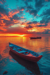 Naklejka premium a beautiful sunset over Manila Bay with the sky painted in deep blues, reds, and yellows--reminiscent of the colors of the Philippine flag. The water reflects the vivid colors of the sky
