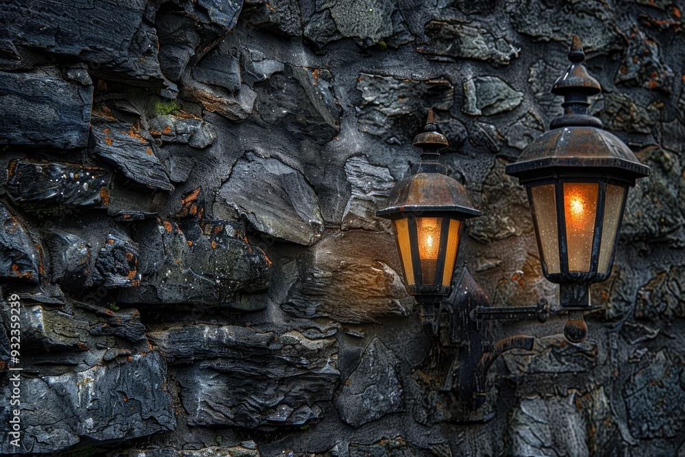 Poster a stone wall with two streetlights on either side, simple and rustic