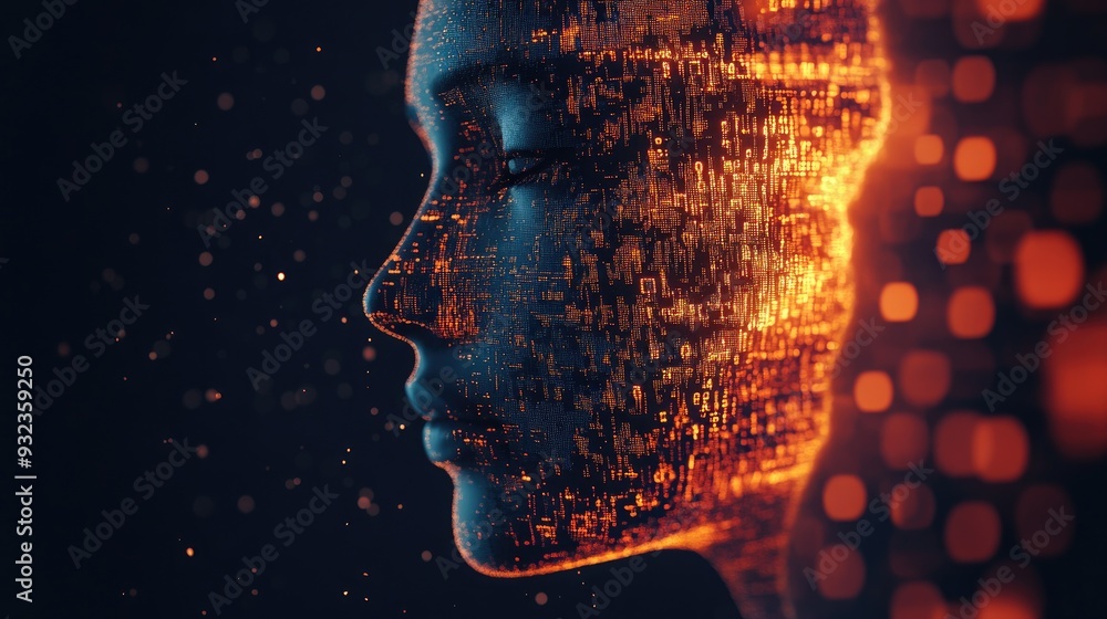 Poster 3d illustration of a human face with abstract dawn lighting and a stream of numbers representing the