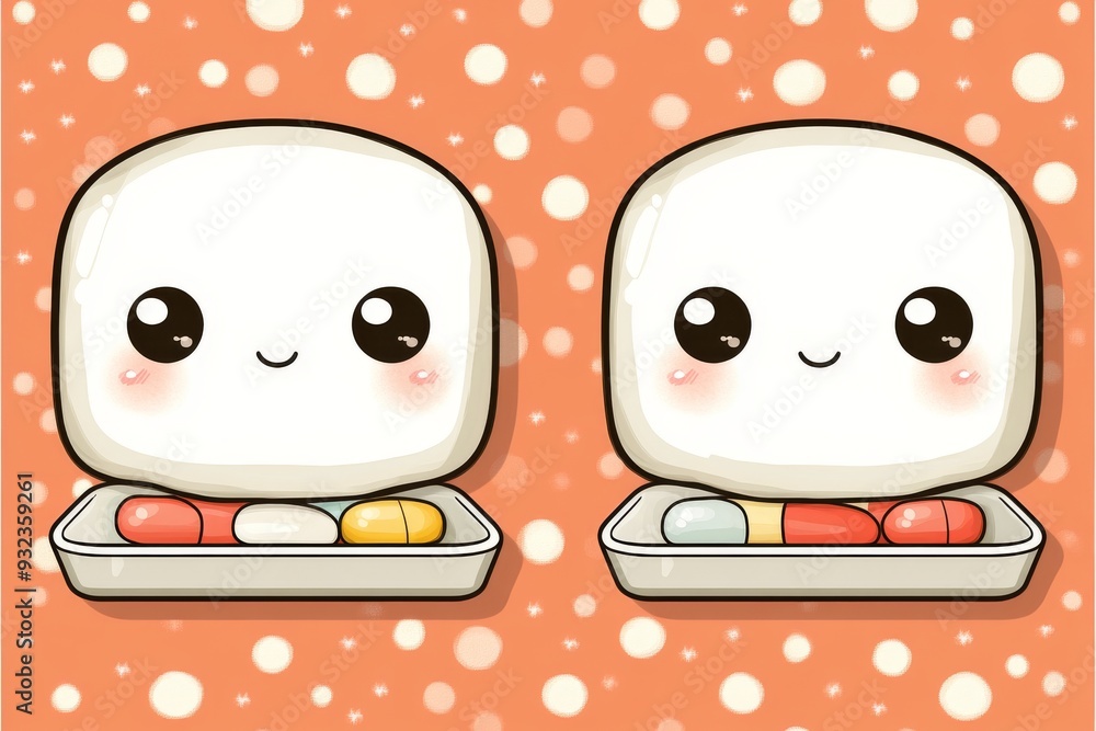 Poster adorable and minimalistic illustration of two pill characters with smiling faces set against a soft 