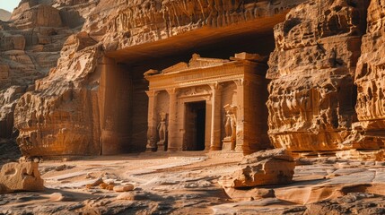 A large stone building in the middle of a desert, suitable for use as a background or landmark