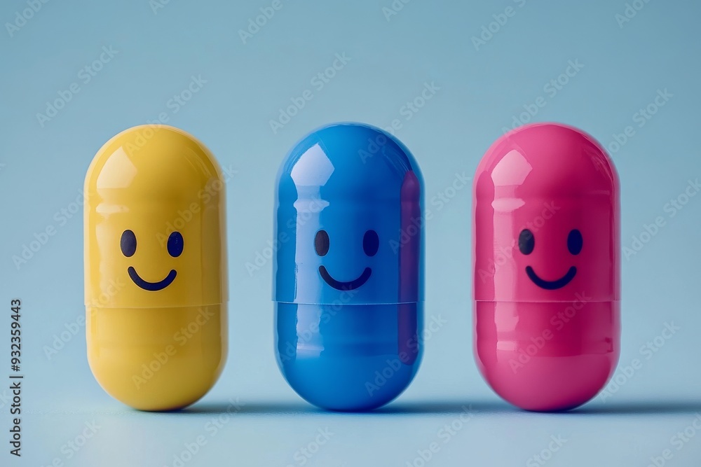 Poster playful and vibrant close up of smiling capsule characters lined up set against a soft blue backgrou