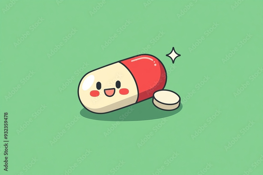 Poster minimalistic and vibrant illustration of a single capsule character with a happy face set against a 