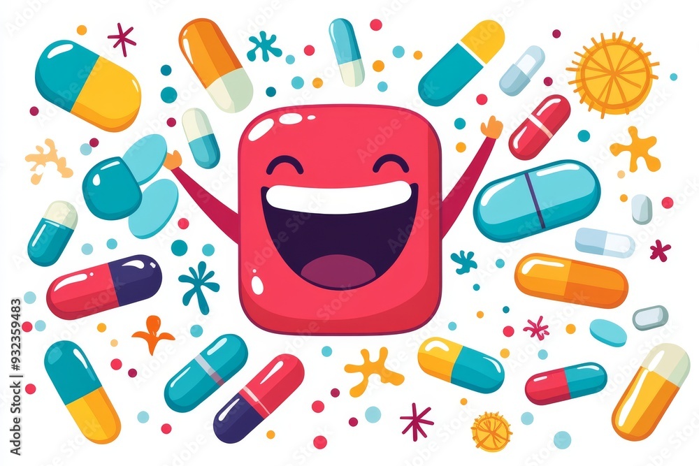 Poster vibrant and playful illustration of a smiling pill character surrounded by a colorful explosion of c