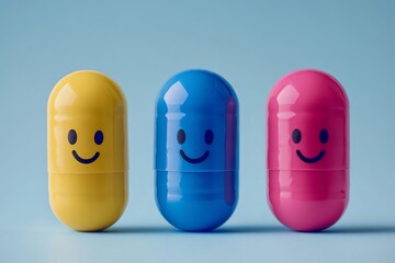 Playful and vibrant close up of smiling capsule characters lined up set against a soft blue background symbolizing unity and positivity in healthcare