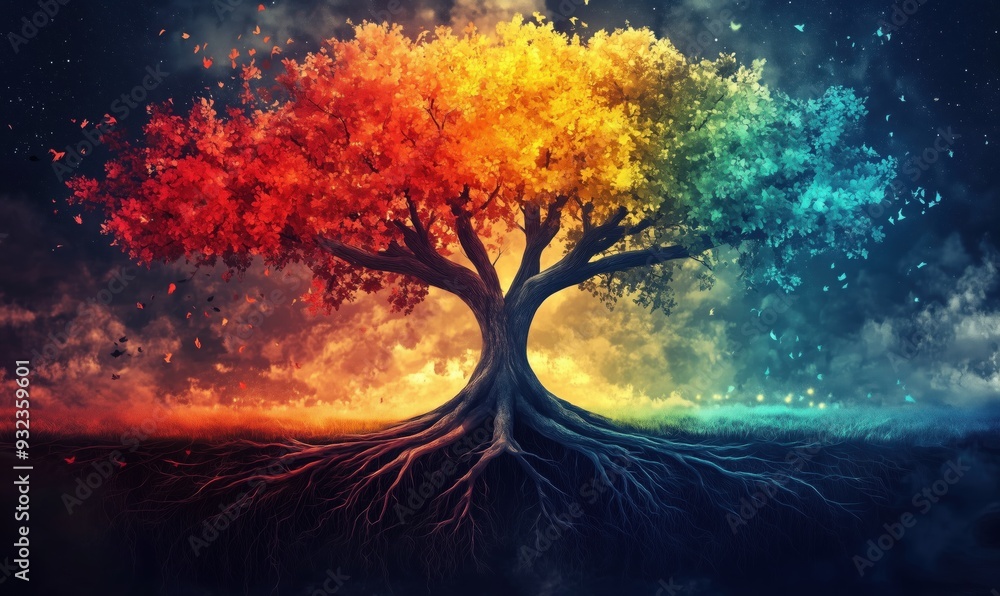 Poster a colorful tree with roots that are also colorful. the tree is surrounded by a blue sky and a cloudy