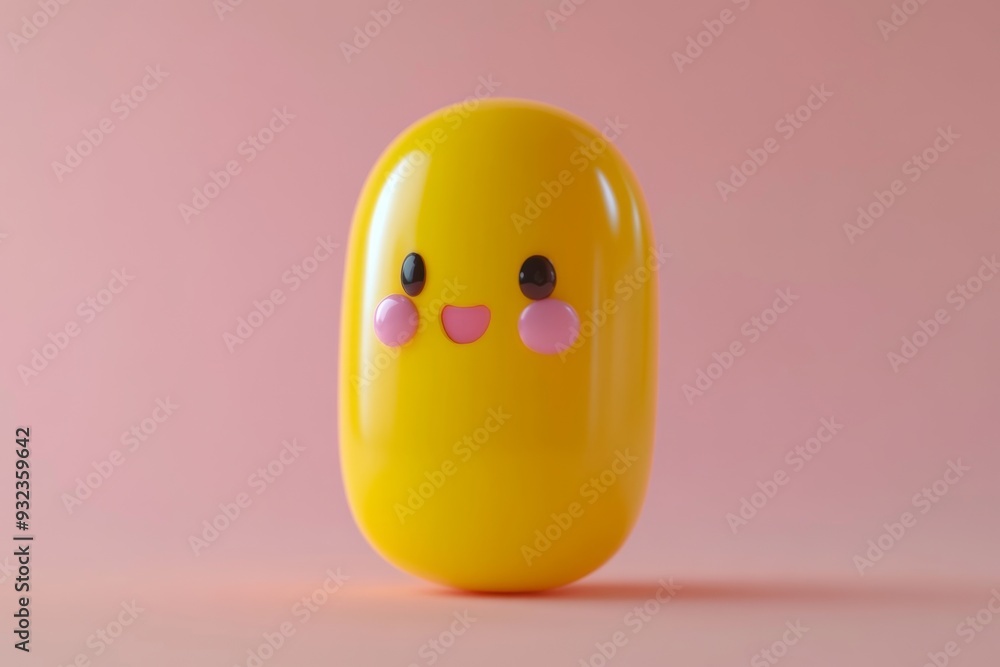 Poster minimalistic and cheerful close up of a yellow pill character with a smiling face set against a past