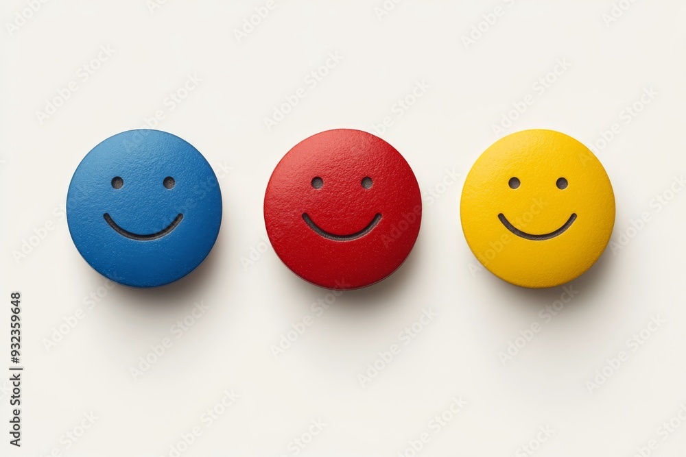 Poster adorable and minimalistic illustration of three smiley face capsules in primary colors set against a