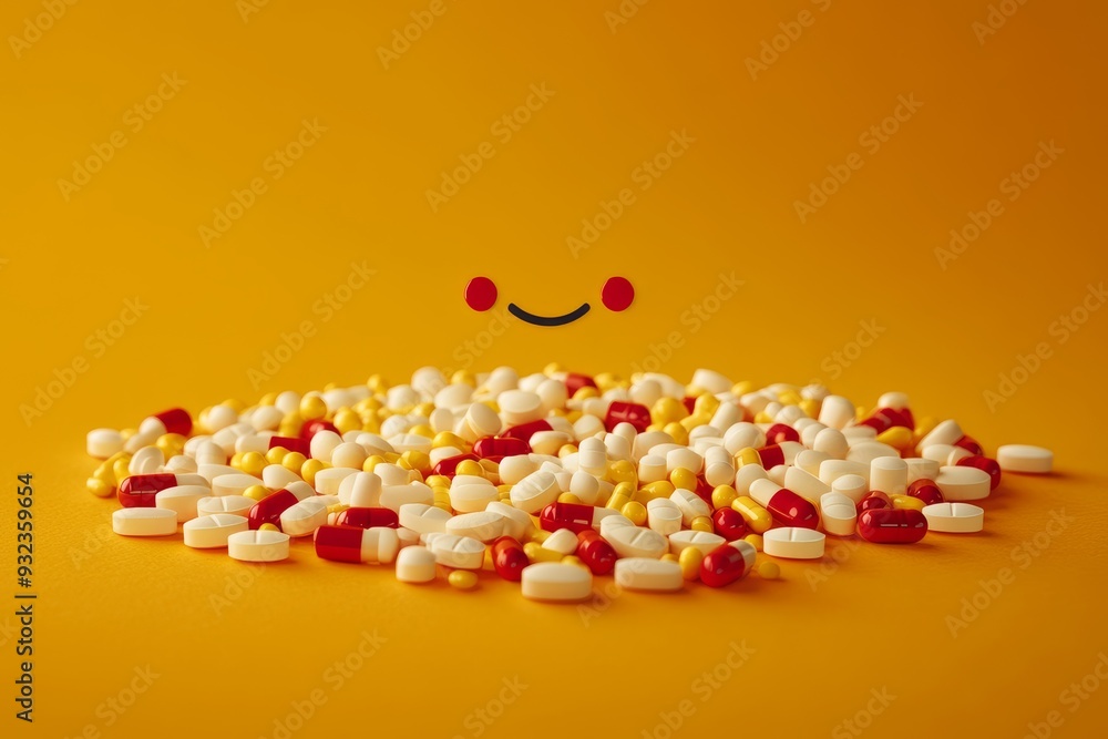 Aufkleber playful and dynamic scattering of pills forming a smiling face on a yellow background symbolizing en