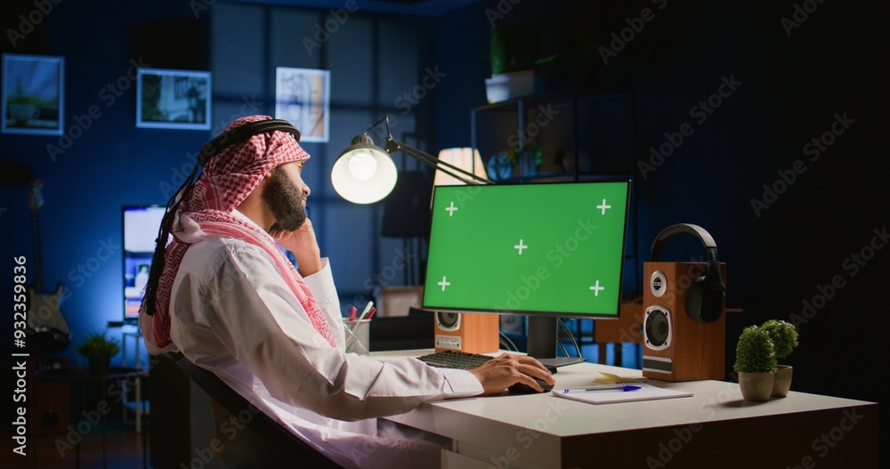 Poster arabic man looking at mockup computer screen while working from home. self employed person typing on