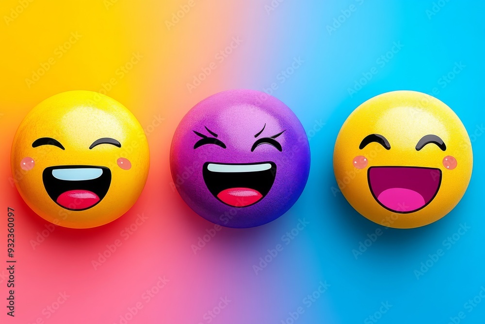 Poster playful and dynamic illustration of smiling faces on colorful capsules set against a gradient backgr
