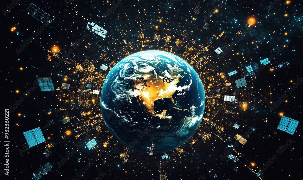 Poster a planet with a lot of satellites surrounding it. the satellites are in different colors and sizes. 