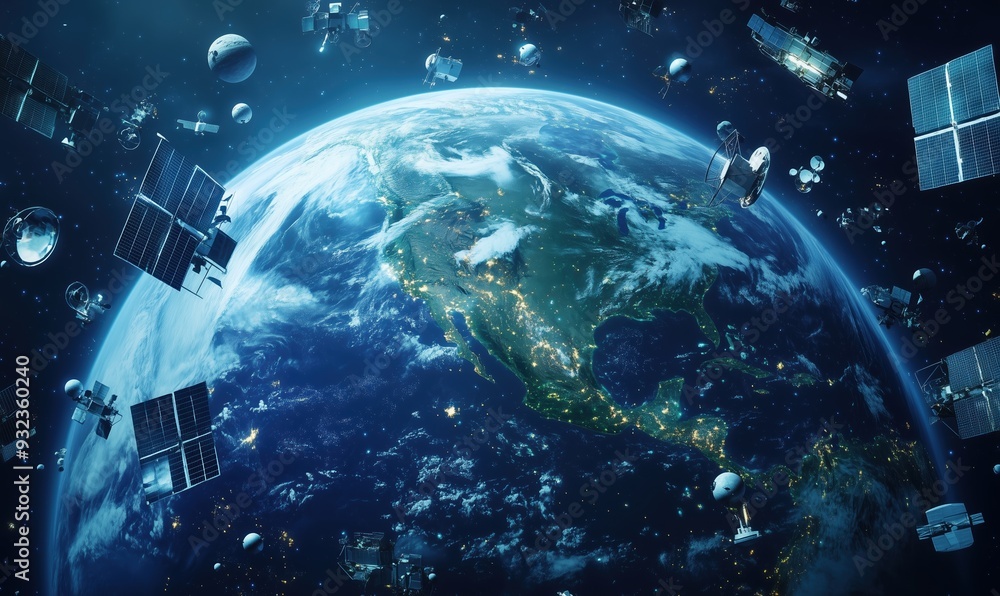 Poster a planet with many satellites in the sky. concept of chaos and disarray
