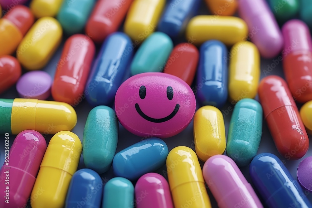 Poster dynamic and lively close up of colorful capsules scattered on a surface symbolizing diversity and en