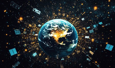 A planet with a lot of satellites surrounding it. The satellites are in different colors and sizes. The image gives the impression of a busy and active space with many satellites orbiting the planet