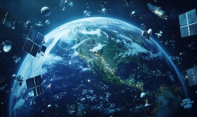 A planet with many satellites in the sky. Concept of chaos and disarray