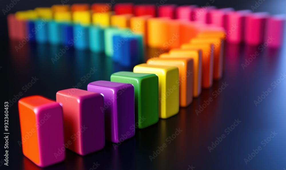 Poster a row of colorful blocks with a rainbow pattern. the blocks are arranged in a line, with some of the