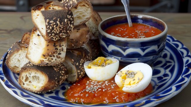 Plate of malawach a flaky Yemenite bread served with tomato sauce and a hardboiled egg perfect for a hearty food meal