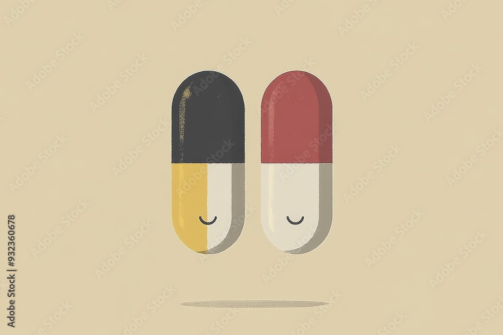 Poster minimalistic and cheerful illustration of a pair of capsules with happy faces set against a neutral 