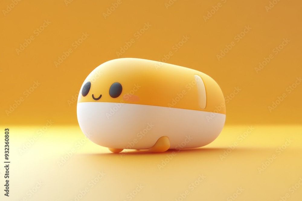 Poster adorable and minimalistic close up of a capsule character with a happy face set against a soft backg