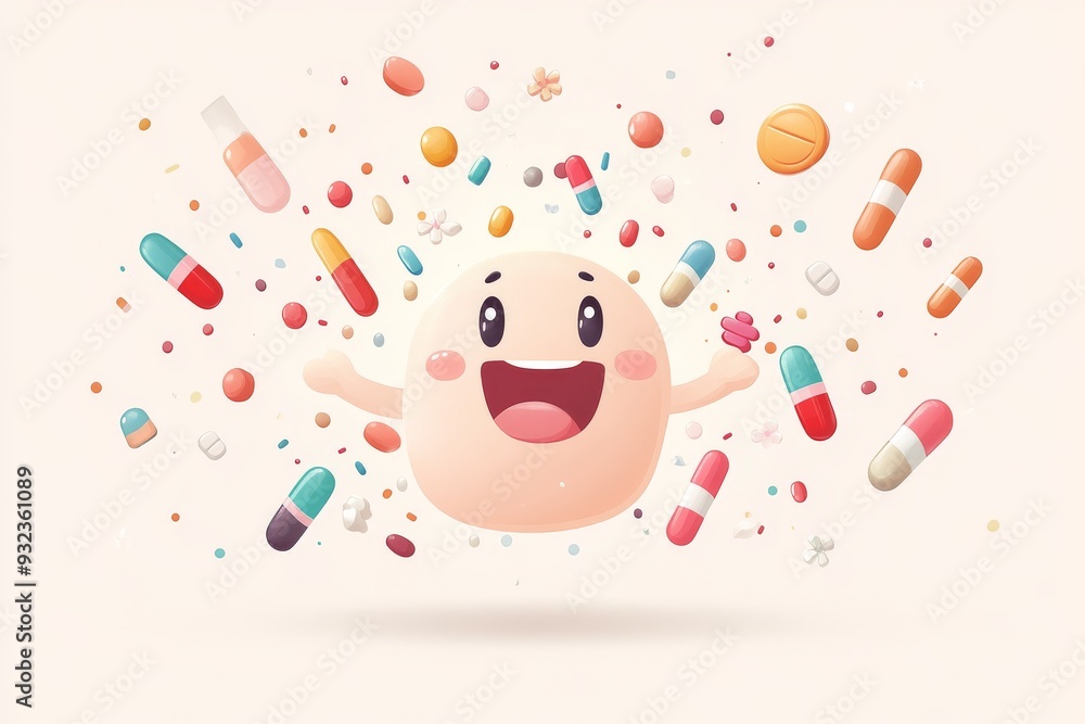Aufkleber explosive burst of happy capsules in various colors on a soft cream background representing the ener