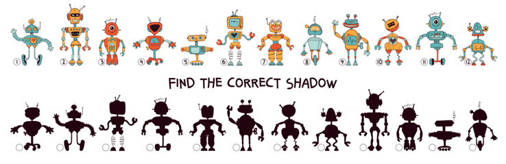 Find the correct shadow. Funny cartoon characters robots. Choose right silhouette. Educational game for kids. Attention task. Worksheet page. Activity book. Isolated vector illustration. Set