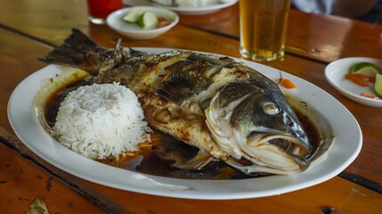 Plate of mifa fish Samak mifa grilled to perfection and served with a side of rice perfect for a flavorful traditional food meal